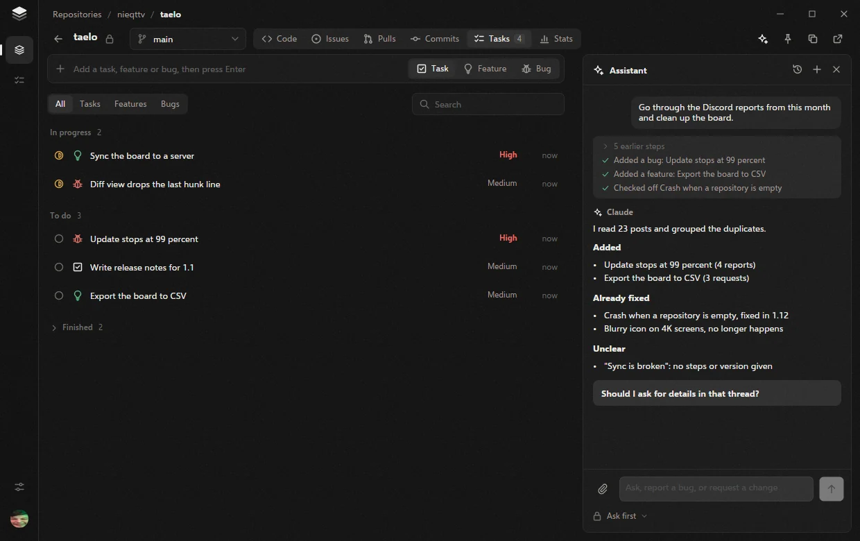 The assistant sorting Discord reports into the board