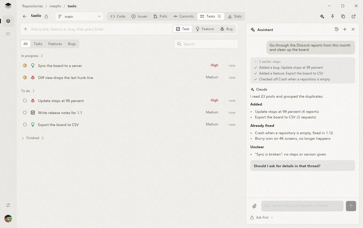 The assistant sorting Discord reports into the board