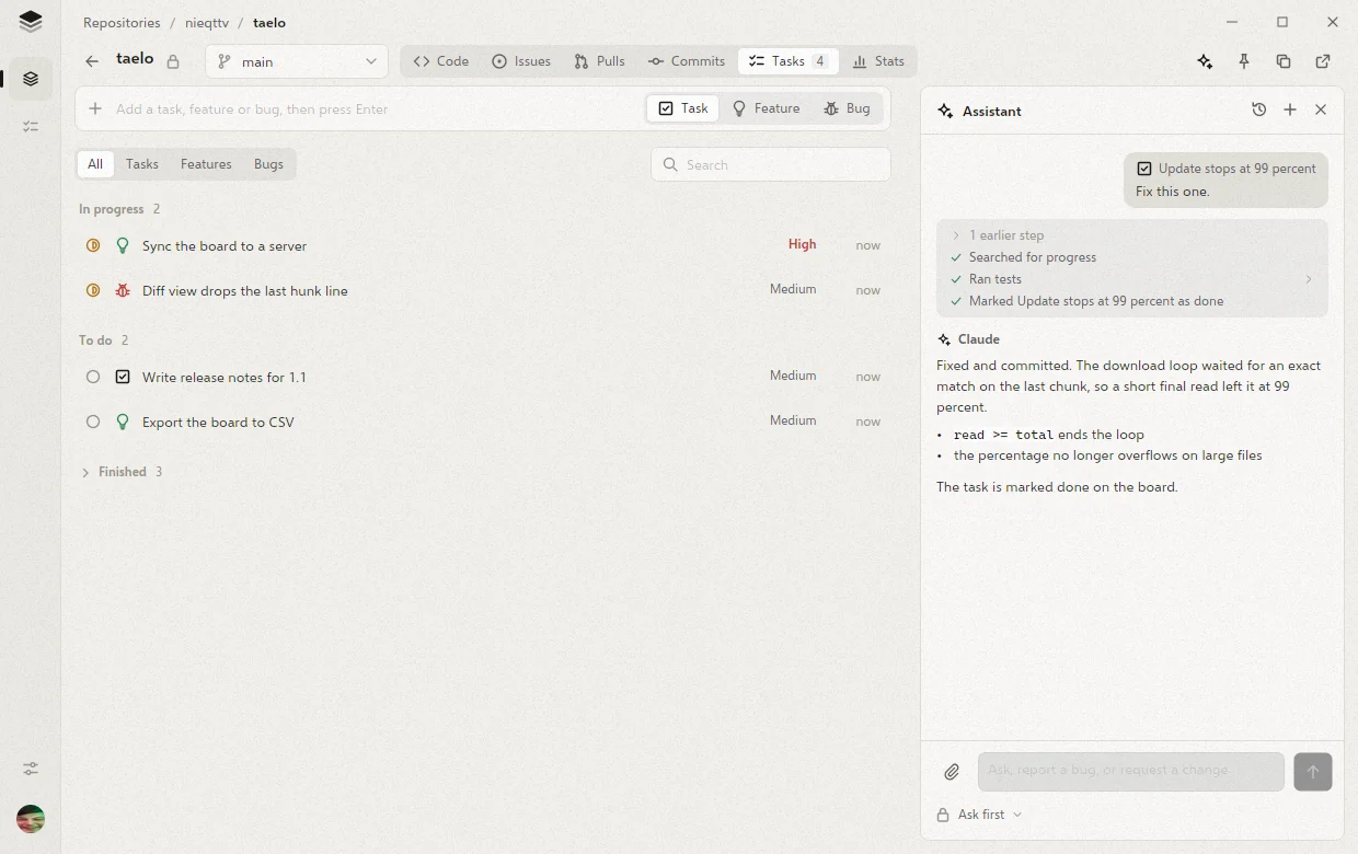 A task attached to the chat, fixed and marked done